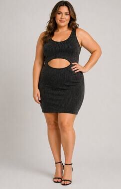 See You Monday Dress Women Large Black Silver Metallic Cutou Bodycon Sleeveless